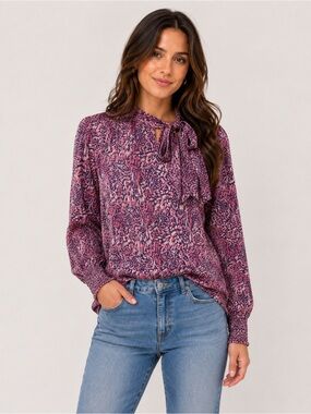 Cable & Gauge Pink Purple Abstract Tie-Neck Long Sleeve Blouse XL